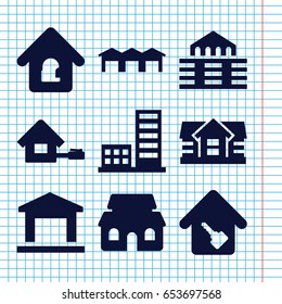 Set of 9 real filled icons such as house, house building, home key, lock home, building, garage