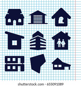 Set of 9 real filled icons such as house, house building, lock home, land territory, building, garage