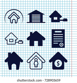 Set of 9 real filled and outline icons such as home, house sale, garage, bill of house
