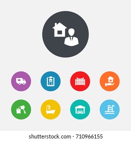 Set Of 9 Real Icons Set.Collection Of Property, Truck, Option And Other Elements.