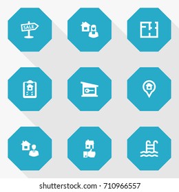 Set Of 9 Real Icons Set.Collection Of Broker, Real Estate Agent, Pin And Other Elements.