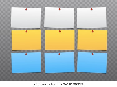 Set of 9 realistic blank attached sheets of note papers on transparent background. Nine sticky notepapers templates. Vector illustration