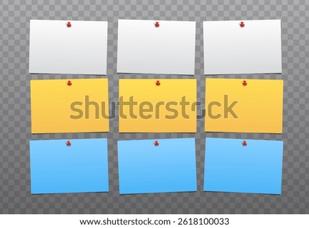Set of 9 realistic blank attached sheets of note papers on transparent background. Nine sticky notepapers templates. Vector illustration
