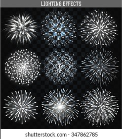 Set 9 realistic firework different shapes. Colorful festive, bright collage, design brochures, poster, wrapping paper, greeting card. Salute with transparency 
