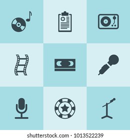 Set of 9 record filled icons such as karaoke, microphone, music disc, vhs, vinyl player, casino chip, filmstrip