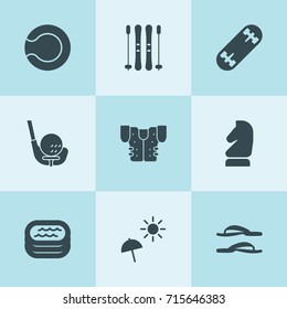 Set of 9 recreation filled icons such as horse chess, beach umbrella, flip-flops, pool, tennis ball, american football jacket, golf, skate board
