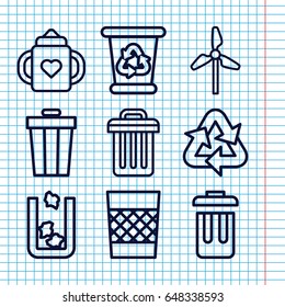 Set of 9 recycle outline icons such as trash bin, baby bottle, recycle bin, bin, recycle