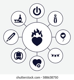 Set of 9 red filled icons such as champagne and wine glasses, pliers, themometer, add favorite, heart baloons, heart in fire, party flag, switch off