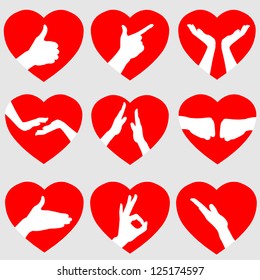 Set of 9 Red Hearts with Hand Gestures, Vector Illustration EPS10