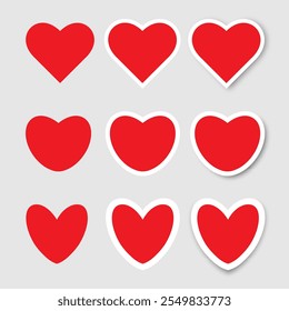 A set of 9 red hearts on a transparent background. Stickers of hearts of different shapes. The concept of Valentine's Day. Vector illustration.