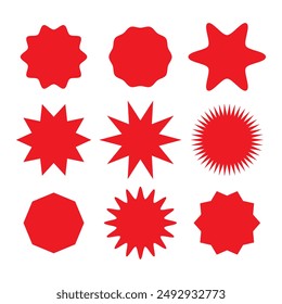 Set of 9 red starburst icon isolated on white background.