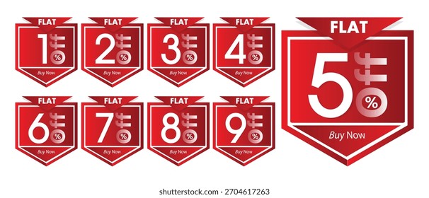 Set mit 9 roten Vektoraufklebern mit einem Rabatt von 1% bis 9%. Ideal für kleine Verkäufe, Promotionen und zeitlich begrenzte Angebote zu Produkten.