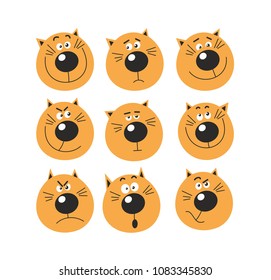 A set of 9 red-haired funny cats with different emotions. Vector illustration on white background.