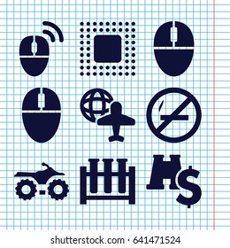 Set of 9 reflection filled icons such as globe and plane, mouse, chip, computer mouse, binoculars with dollar sign, test tube, motorcycle