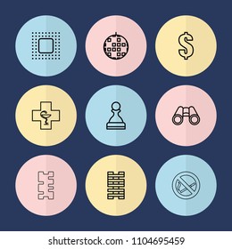 Set of 9 reflection outline icons such as dollar, disco ball, domino, binoculars, pharmacy, chip, pawn