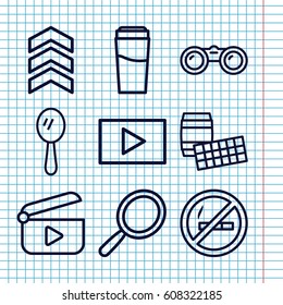 Set of 9 reflection outline icons such as mirror, drink, play, arrow, binoculars, no smoking