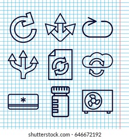 Set of 9 refresh outline icons such as reload, reload replay, air conditioner, arrow, cloud sync