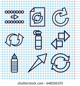 Set of 9 refresh outline icons such as reload, update, arrow, bottle for fitness