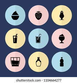 Set of 9 refreshment filled icons such as milkshake, drink, bottle, strawberry