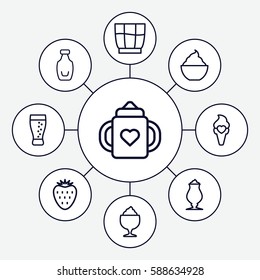 Set of 9 refreshment outline icons such as baby bottle, milkshake, ice cream, bottle, drink, soda