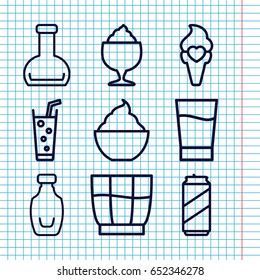 Set of 9 refreshment outline icons such as milkshake, soda, ice cream, bottle, drink