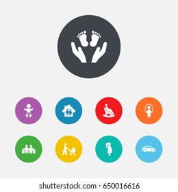 Set Of 9 Relatives Icons Set.Collection Of Married, Rocking Chair, Automobile And Other Elements.