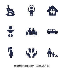 Set Of 9 Relatives Icons Set.Collection Of Look After, Expectant Mother, Father With Son And Other Elements.