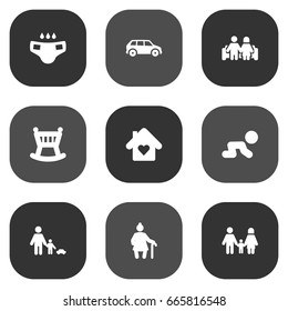 Set Of 9 Relatives Icons Set.Collection Of Grandma , Relatives , Automobile Elements.