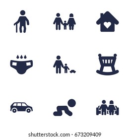 Set Of 9 Relatives Icons Set.Collection Of Nappy, Grandpa, Cot Elements.