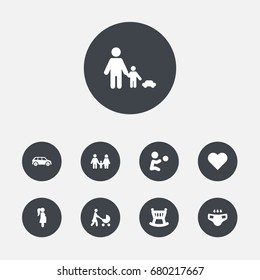 Set Of 9 Relatives Icons Set.Collection Of Cot, Expectant Mother, Nappy And Other Elements.