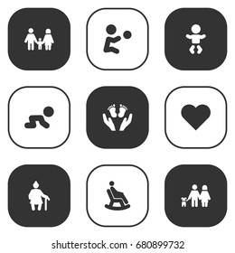 Set Of 9 Relatives Icons Set.Collection Of Relatives, Playing, Creep Baby And Other Elements.