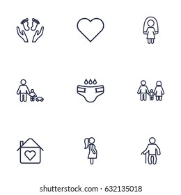 Set Of 9 Relatives Outline Icons Set.Collection Of Soul, Home, Pregnant Woman And Other Elements.