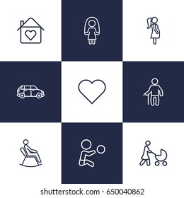 Set Of 9 Relatives Outline Icons Set.Collection Of Pregnant Woman, Boy, Car And Other Elements.