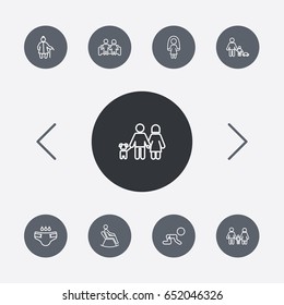 Set Of 9 Relatives Outline Icons Set.Collection Of Skipping Rope, Diaper, Family And Other Elements.