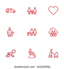 Set Of 9 Relatives Outline Icons Set.Collection Of Crawling Kid, Family, Grangmother And Other Elements.