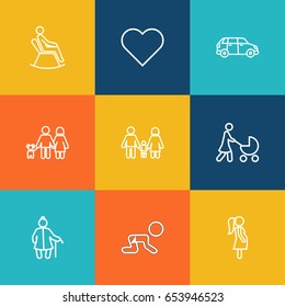 Set Of 9 Relatives Outline Icons Set.Collection Of Pregnant Woman, Car, Family And Other Elements.