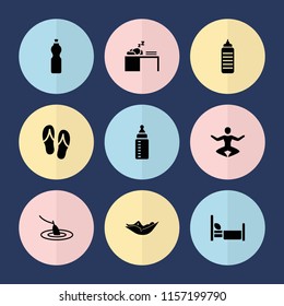 Set of 9 relax filled icons such as woman in hammock, flip flops, fishing, fitness bottle, baby bottle, bed, yoga