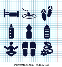 Set of 9 relax filled icons such as baby bottle, flip flops, spa stones, slippers, bed, fishing, yoga