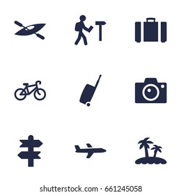 Set Of 9 Relax Icons Set.Collection Of Aircraft, Baggage, Palm And Other Elements.