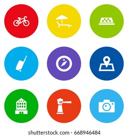 Set Of 9 Relax Icons Set.Collection Of Bike, Baggage, Photo Apparatus And Other Elements.