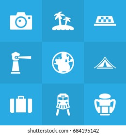 Set Of 9 Relax Icons Set.Collection Of Tram, Suitcase, Booth And Other Elements.