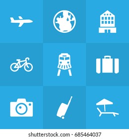 Set Of 9 Relax Icons Set.Collection Of Photo Apparatus, Chaise Longue, Bike And Other Elements.