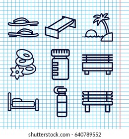 Set of 9 relax outline icons such as garden bench, spa stones, bench, island, flip flops, bed