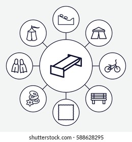 Set of 9 relaxation outline icons such as garden bench, tent, spa stone, spa stones, carpet, bench, flippers