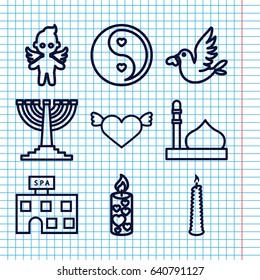 Set of 9 religion outline icons such as mosque, spa building, love bird, candle, yin yang, angel, menorah
