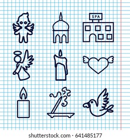 Set of 9 religion outline icons such as mosque, spa building, aroma stick, love bird, angel, candle