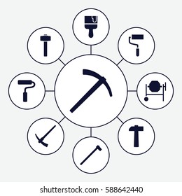 Set of 9 renovation filled icons such as roller, concrete mixer, paint brush, garden hammer, paint roller