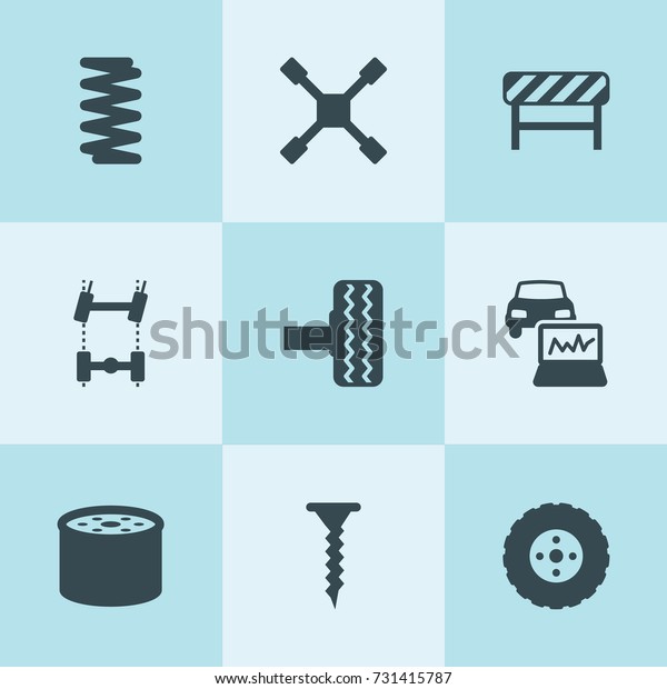 Set of\
9 repair filled icons such as tire, oil filter, car chassis,\
spring, wheel wrench, car diagnostic, road\
barrier