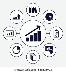 Set of 9 report filled icons such as paper, medical clipboard, pie chart, binder, graph