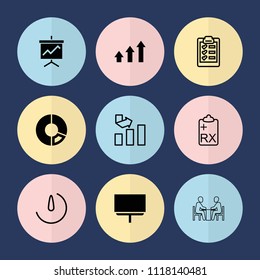 Set of 9 report filled and outline icons such as board, graph, pie chart, clipboard, stopwatch camera, graph on board